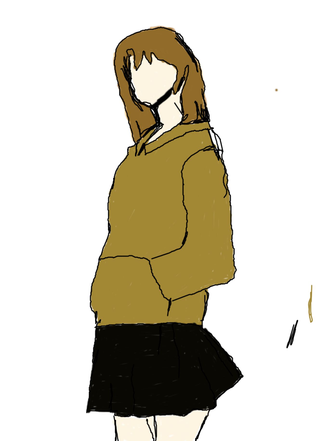 A drawing of a girl in a gold hoodie wearing a skirt